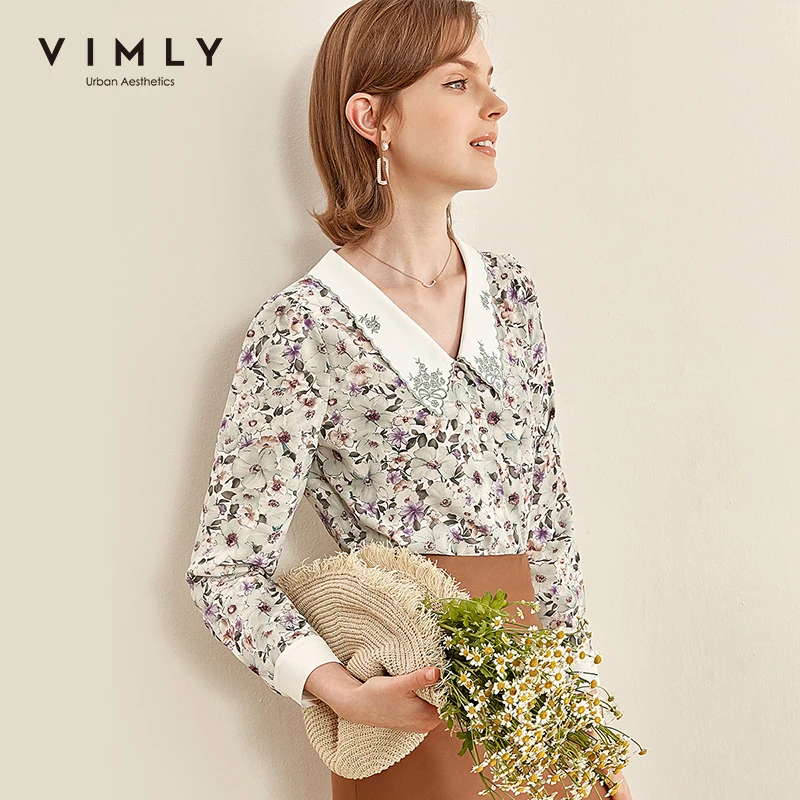 Vimly женская блузка с цветочным принтом элегантная однобортная тонкая Осенняя