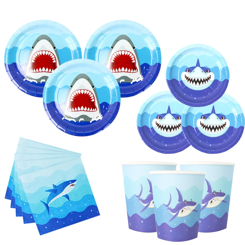

Shark Theme Birthday Party Supplies Paper Plates Cups Napkin Balloon Baby Shower Decor Wedding Event Party Disposable Tableware
