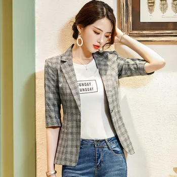 

Women's single coat 2019 autumn new fashion temperament casual elegant slim lattice single buckle small suit women's shirt