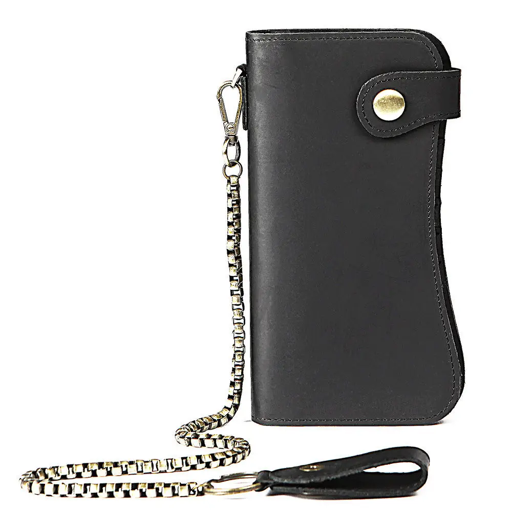 Crazy horse leather mens clutch bag Long wallet Vintage men's leather Chain security wallet Business billfold mens wallet