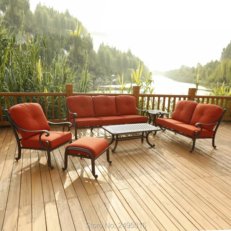 Мебель для улицы из литого алюминия для 6 человек, Диванный комплект для патио с подушкой для кофейного стола Мебель для улицы из литого алюминия для 6 человек, Диванный комплект для патио с подушкой для кофейного стола