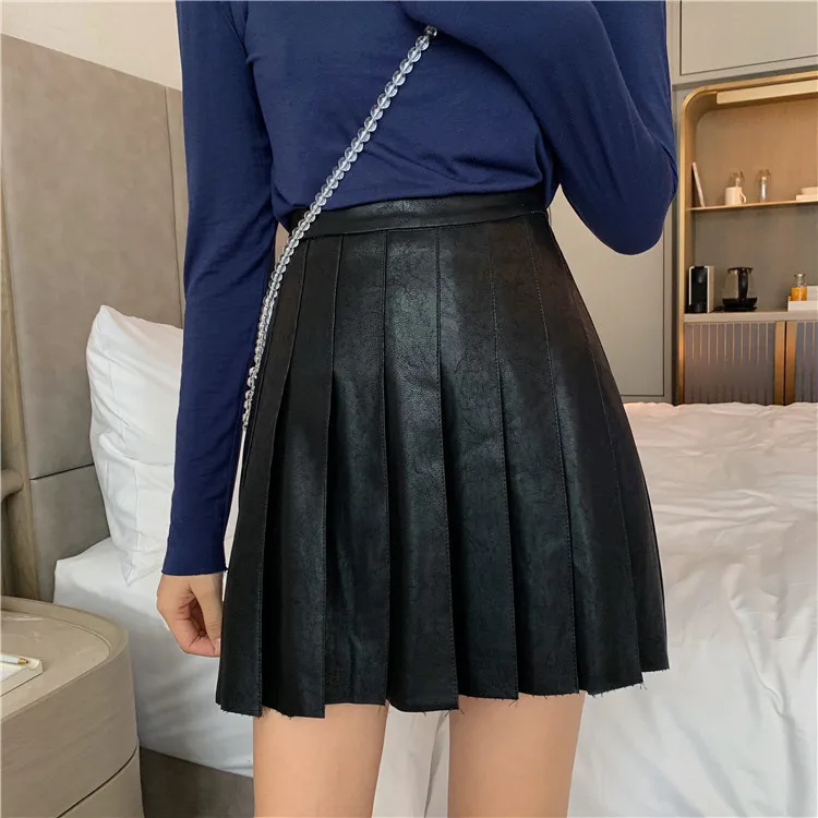 Black PU Jupe Pliss Femme Hiver High Street Casual Mini Pleated Skirt Ladies Korean High Waist Leather Autumn Skirts Womens