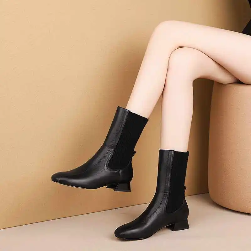 krazing pot leisure style genuine leather knitting boots daily wear med heels round toe winter women warm mid-calf boots L77