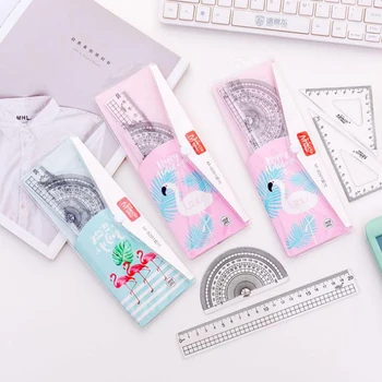 

4 Pcs/set Cartoon Flamingo Printed Student Drawing School Square Protractor Rulers Set Stationery Straight Rulers Gifts