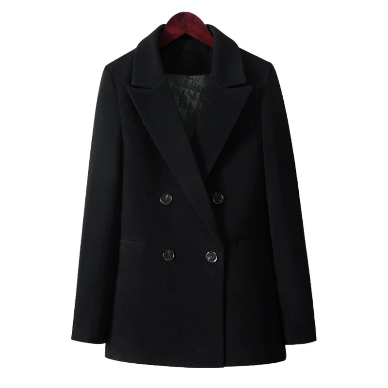 

Black Woolen Autumn and Winter Women's Clothing High Quality Temperament Double Breasted Ladies Jacket Suit Office Coat Female