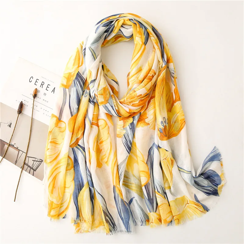 2022 Spain Fashion Autumn Women Viscose Scarf Abstract Floral Fringe Hijab Shawls and Wraps Female Foulards Echarpe Muslim Sjaal