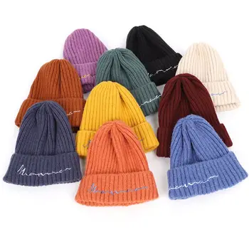 

Girls Boys Autumn Winter Warm Knitting Wool Hat Candy Color Letter Embroidery Pattern Stretchy Curling Cap for Christmas Gifts