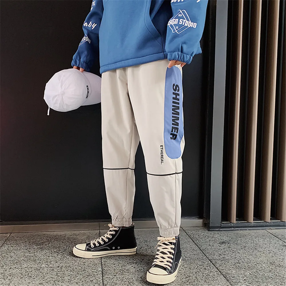 Black Purple Мужские эластичные брюки с боковыми карманами для мужчин s Joggers талия прямые свободные брюки широкие спортивные брюки новые брюки с буквенным принтом - Цвет: Black Purple