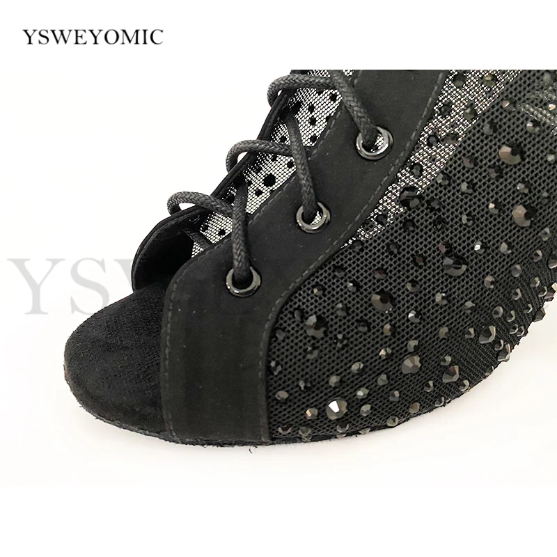 2021 Women Rhinestone Black Mesh Latin Dance Boots Soft Thicker Insole High Quality Training Dance Party Latin Salsa Dance Shoes