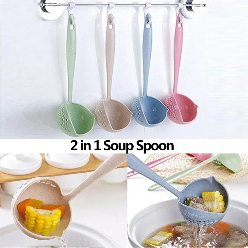 

2PCS 2 in 1 Soup Spoon tablespoon Long Handle Creative Porridge Filter Dinnerware Cooking Tools filter tableware