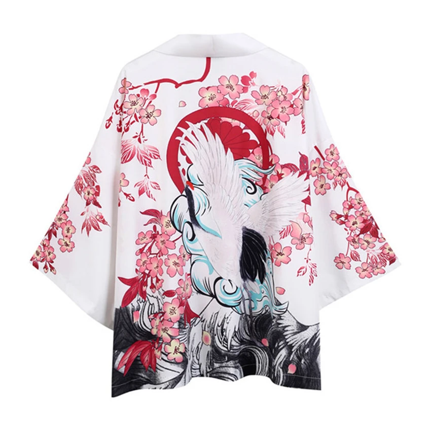 White Black Japanese Traditional Kimono for Man Crane Sakura Print Fashion Haori Cardigan Sunscreen Coat Robe Streetwear