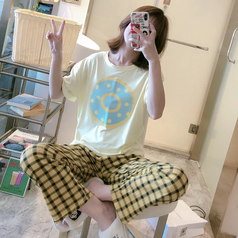 

Summer Short-sleeved Trousers Pajamas Women's Donuts M -Xxl Home-feeding Filming