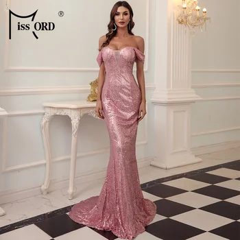 

Missord 2020 Sexy Off the Shoulder Sequins Dress Solid Color Backless Maxi Dress Women Floor Length Evening Party Dress FT19560