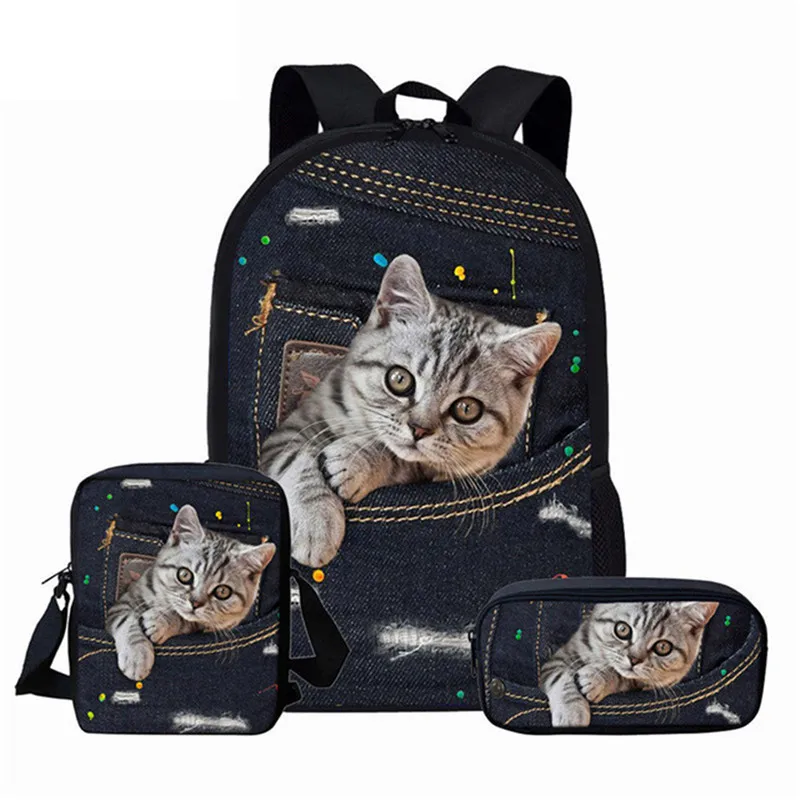 

Customized Adorable set 3D Kitty Cat Student School Bags PatternBackpack Pencil Book Bag Teenagers Rucksack