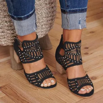 

Summer Sandals 2020 Women Fashion Sandals Vintage Hollow Out Peep Toe Square Heel Wedges Sandals High Heels Shoes Zapatos Mujer