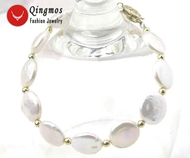 

Qingmos Trendy Natural Pearl Bracelets for Women with White 13-14mm Coin Round Freshwater Pearl Bracelet Fine Jewelry 7.5"