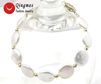 

Qingmos Trendy Natural Pearl Bracelets for Women with White 13-14mm Coin Round Freshwater Pearl Bracelet Fine Jewelry 7.5" br137