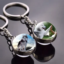 LLavero de Animal Husky Siberiano, llavero de bola de cristal de doble cara, llavero de perro, joyería de animales