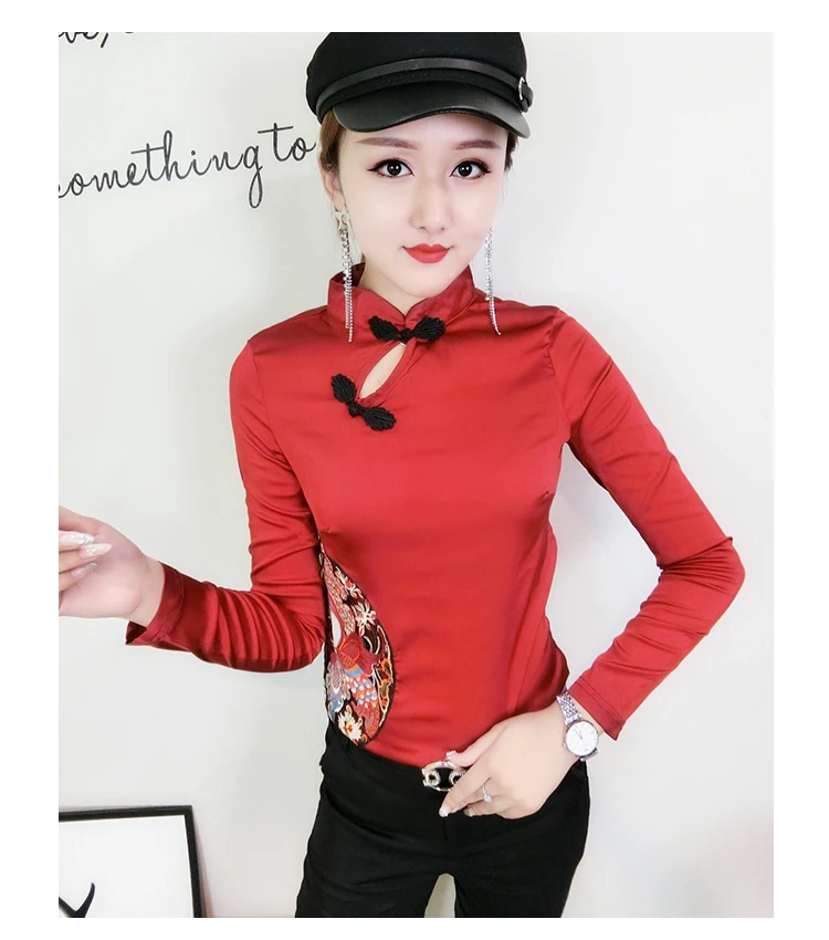 Китайские женские блузки Cheongsam осенние женские винтажные китайские красные Топы свадебные рубашки женские красные рубашки для вечеринок Топы