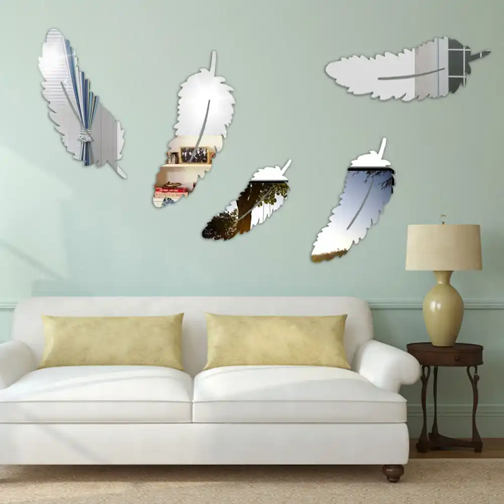 Pluma Disenada Color Dorado Espejo 3d Pegatinas De Pared