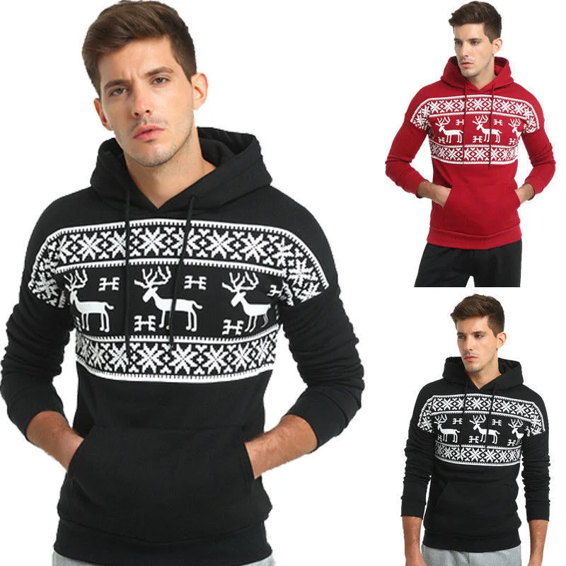 

Moda Natal Snowflower Imprime PulÃ´ver Inverno SuÃ©ter Masculino Preto Alce Capuz Christmas Sweater Men