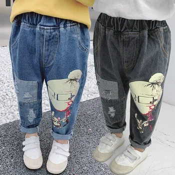 

New children's and girls' jeans pants 0-6 years old children's cartoon printing hole long pants girls elastic belt lower garment