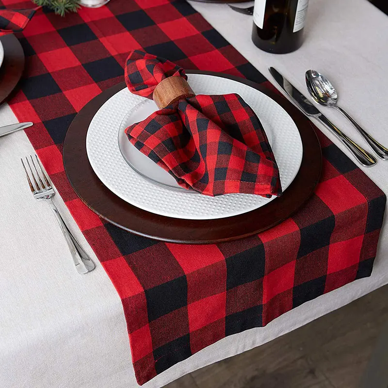 1pc De Noel Table Decorations Cotton Linen Black Red Grid Tablecloth Christmas Home Dinner Party Ornament New Year