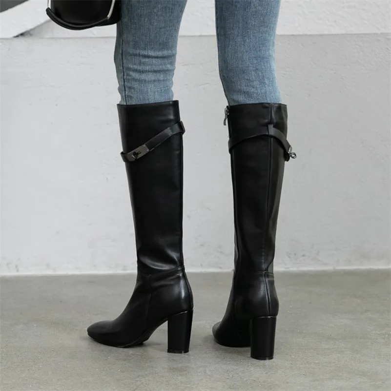 ANNYMOLI/зимние сапоги до колена; женские высокие сапоги из натуральной кожи на высоком блочном каблуке; обувь на молнии с круглым носком; Женская Осенняя обувь; Размер 39