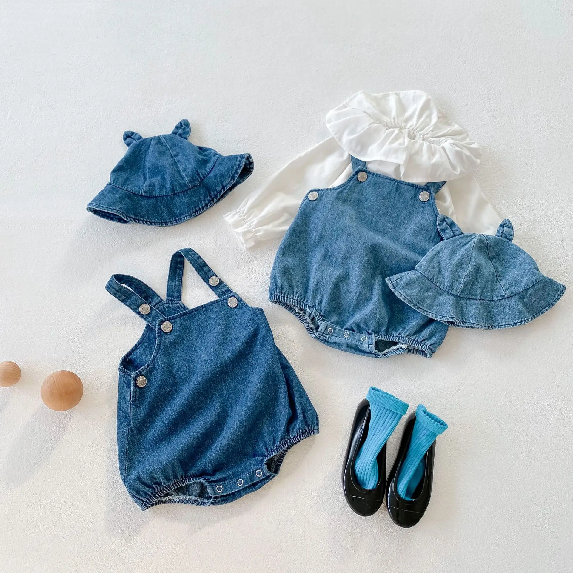 2022 summer New kids clothes baby girls and baby boy denim suspender romper + sun hat 0-2 years old cotton jumpsuit baby bodysuit dress