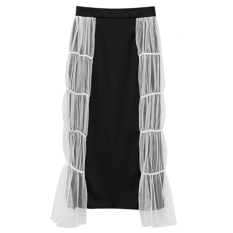[DEAT] High Elastic Waist Mesh Spliced Pleated Mixed Color Half-body Skirt Women Fashion Tide New Spring Autumn 13E366 - Цвет: black