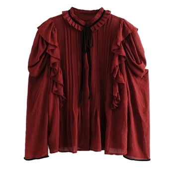

Women Casual Solid Cascading Ruffles O-Neck Shirts Blouses Loose Ladies Long Sleeve Tops FFZSY553