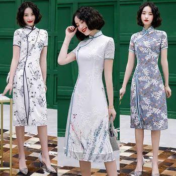 

Sexy Women Short Chiffon embroidery Qipao Chinese Dress Party Vintage Elegant Dress High Quality Improve Modern Cheongsam