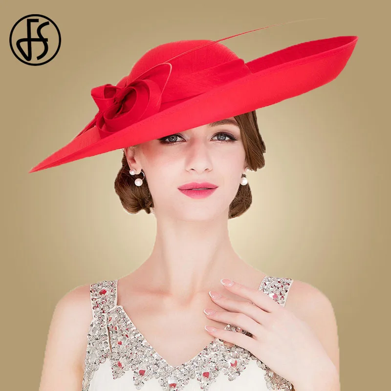 

FS Royal Red Ladies Weddings Hats Fascinators Women Black Large Big Brim Kentucky Church Fedoras Party Dress Sinamay Hat