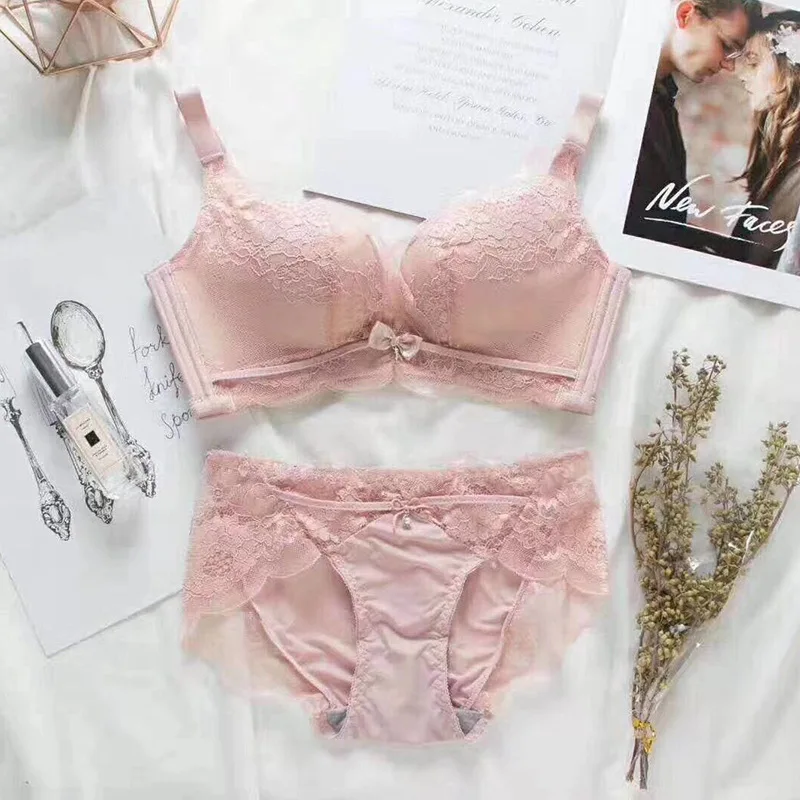 Pink Новинка, зеленый комплект нижнего белья, женский бюстгальтер, пуш-ап, бюстгальтер, хлопок, толстый, собранный, сексуальный комплект бюстгальтер и трусики, кружевной комплект нижнего белья с вышивкой - Цвет: Pink