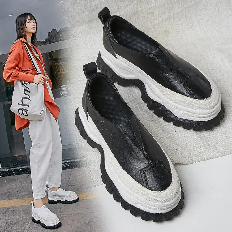 

2019 Autumn New Style Slip-on Platform Shoes Women's Full-grain Leather Extra High White Shoes Lazy Thick Bottomed Single Shoes
