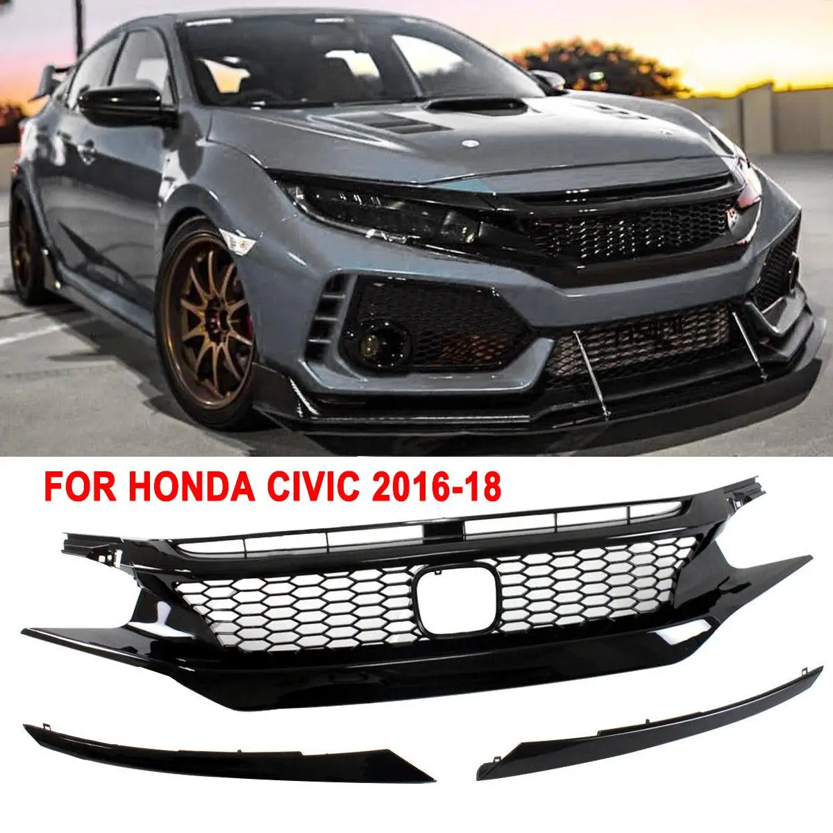 

Mesh Front Hood Grille Racing Grills For JDM CTR Style Sport Style For Honda For Civic 2016-2018 10th Gen Replacement Part