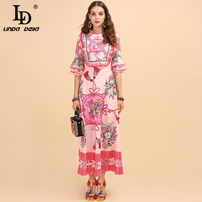 LD LINDA DELLA Fashion Runway Autumn Elegant Vintage Dress Women's Flare Sleeve Floral Printed Ruffles Ladies Party Long Dresses