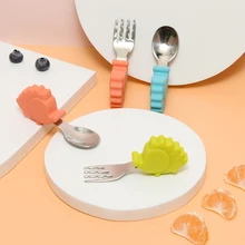 

Short Handle Baby Cartoon Stainless Steel Spoon Fork Learn to Eat Hedgehog Gadget Dinnerware Infant Food Feeding Set