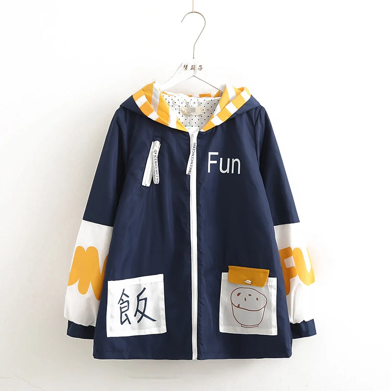 

Hooded Ladies Spring Autumn New top Cartoon print pocket Jacket Women Fashion zipper Baseball Female Casual Coat