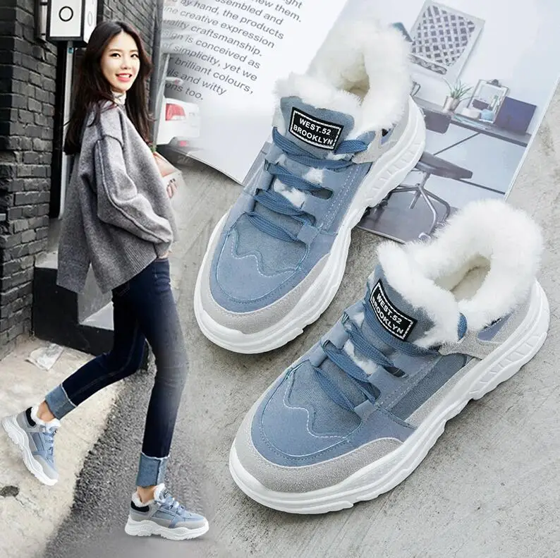 Обувь; теплые зимние женские ботинки на платформе; женские повседневные кроссовки с плюшем; женские зимние ботинки из искусственной замши; Теплая обувь на меху - Цвет: 8265 blue
