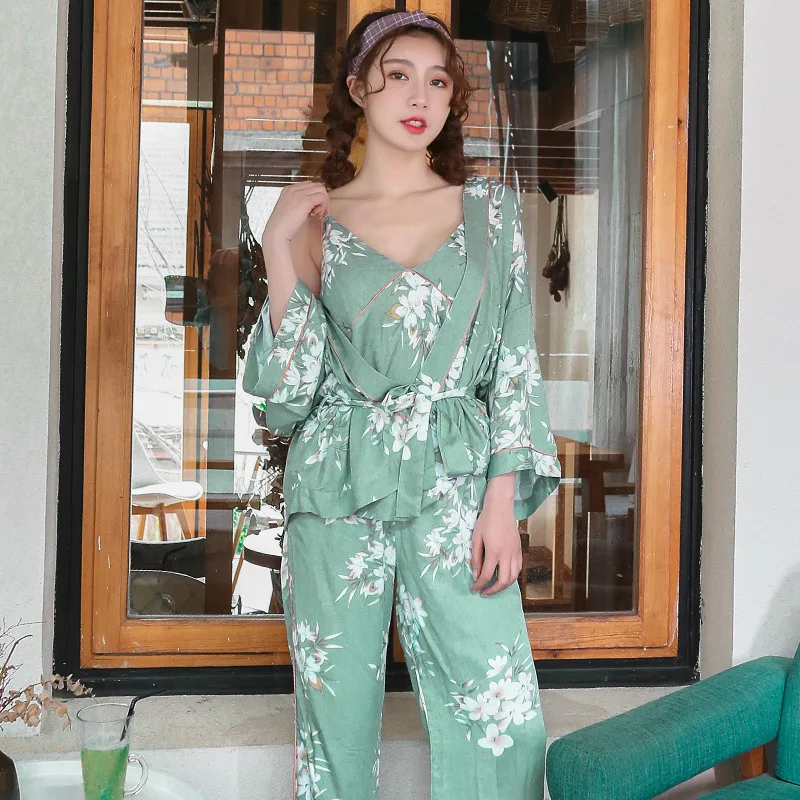Vintage Rural Style Home Service 3 Piece Set Women's V-neck Sling Long-sleeved Nightgown Print Pajamas Set Casual Pajamas Sets