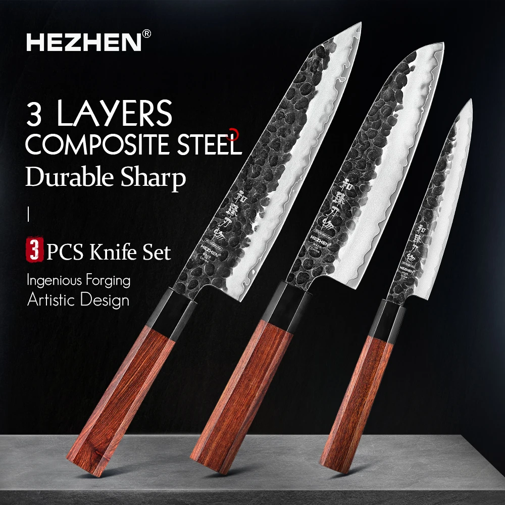 Kitchen Knives 1-3PC Chef Utility Santoku Professional Clad Steel Japanese Cook For Meat Red Wood