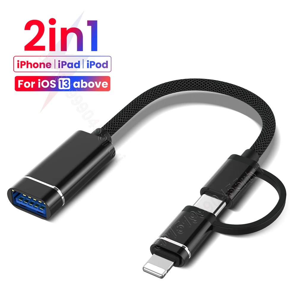 Cable adaptador USB a 2 en 1 8 pines tipo C, OTG, para iPhone 13, 12, 11 Pro Max, iPad, iOS y superior, ratón, cámara, lector de tarjetas|Transformadores y adaptadores de teléfonos| - AliExpress