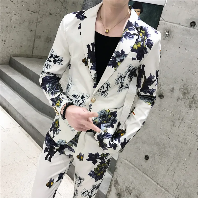

2 Pieces Set New Men's Spring Printed Business Blazers/Male Slim Fit Casual Suit Of Groom's Wedding Dress High-End Tuxedo S-3XL