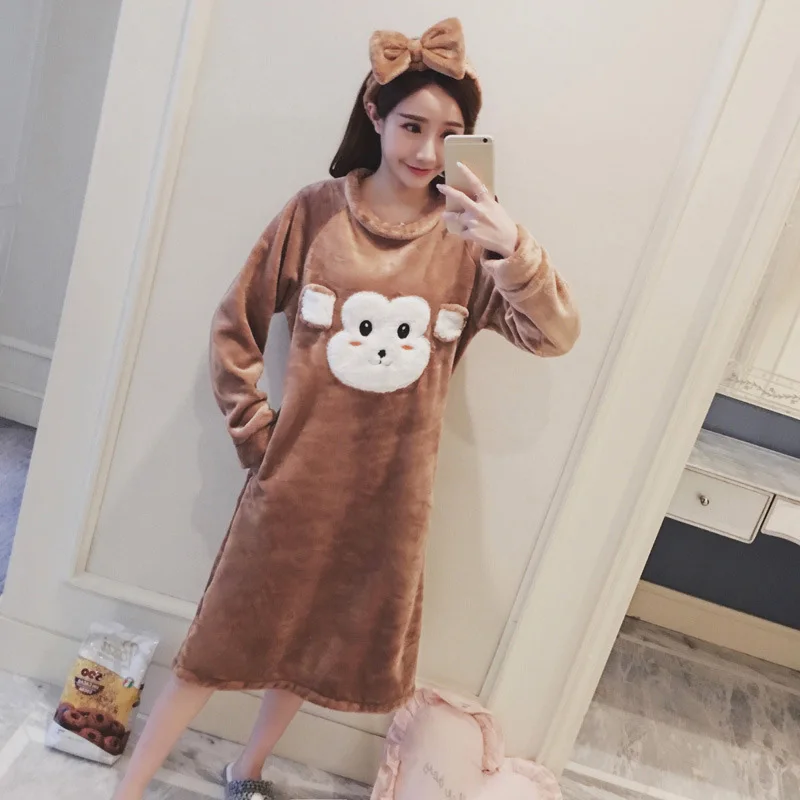 Velvet Flannel Long Sleeve Women's Pajamas Winter Thicken Cute Cartoon Animal Bear Printed Sleepwear Sweet Student Knee Length - Цвет: Синий