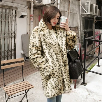 

Winter Outerwear Korean Version Leopard Faux Fur Coat Casual Jacket Loose Pockets Long Coats Women Tops TA1853