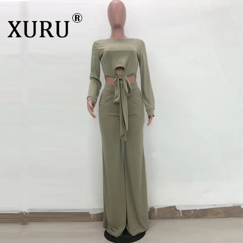 XURU осенний женский комбинезон из двух предметов, повседневная одноцветная со шнуровкой, широкие брюки, костюм