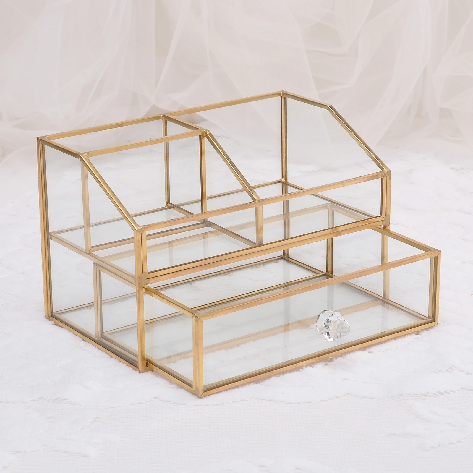 Organizador de maquillaje, soporte de vidrio para brochas, almacenamiento de cosméticos, tocador, decoración, joyero, estuche para brochas de maquillaje, 2 capas con cajón