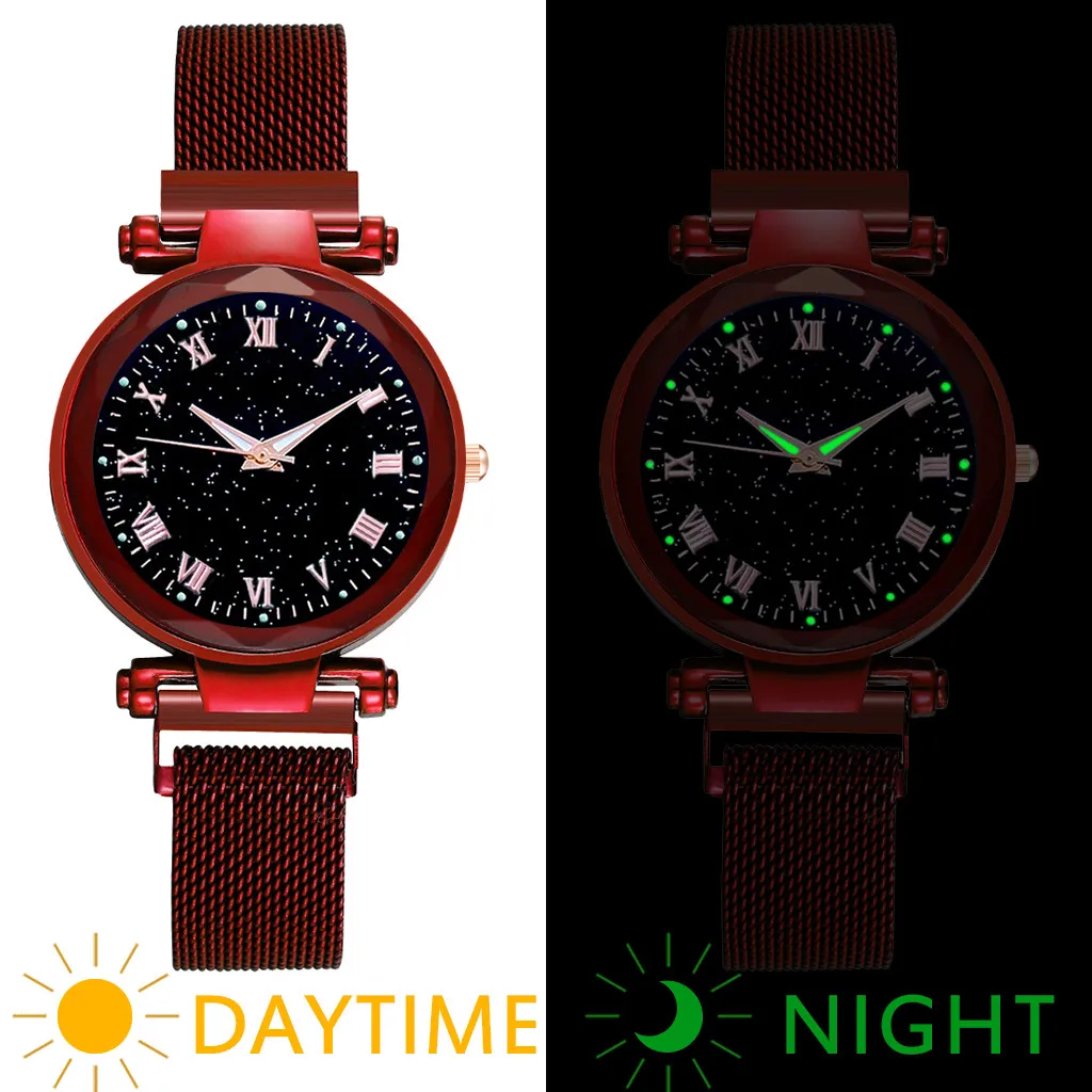 Red Luxury Women's Watches Dress Bracelet Watch Fashion Simple Starry Dial Stainless Steel Mesh Belt Ladies Quartz Wristwatch - Цвет: Red