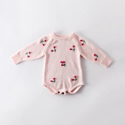 Barboteuses tricotées pour bébés enfants, barboteuses d'automne et d'hiver mignonnes pour filles cerises, body en tricot, vêtements pour enfants, meilleures ventes 